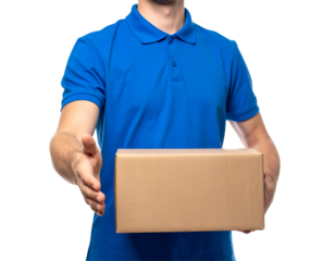 Courier Delivering Package Presenting Cardboard Box with Extended Hand on Transparent Background