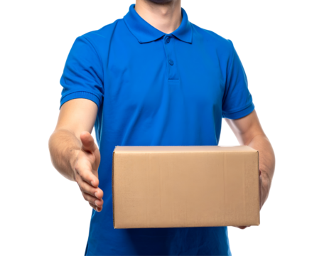 Courier Delivering Package Presenting Cardboard Box with Extended Hand on Transparent Background