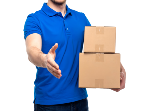 Man in Blue Uniform Extending Hand Offering Two Cardboard Boxes with Transparent Background