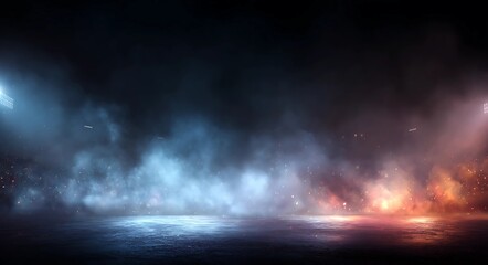Dramatic empty stage with smoky dark background and vibrant lighting ideal for concerts or sports events creating intense atmosphere.