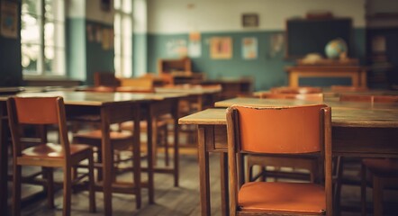Digitized photo of empty school classroom with green walls, wooden desks, orange leather chairs, natural window lighting in soft focus.