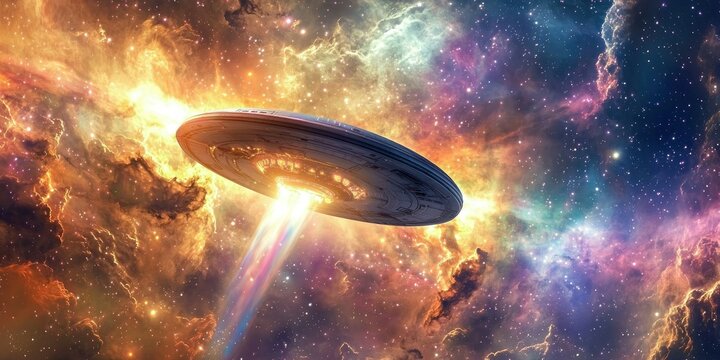 A massive spaceship soaring through a colorful nebula, leaving a glowing energy trail