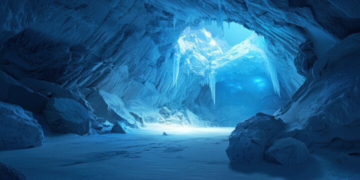 A massive underground ice cavern with an ethereal blue glow reflecting off the frozen surfaces