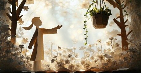 Papercraft scene depicts person amidst flowers, reaching towards hanging plant. Soft lighting creates whimsical, dreamlike atmosphere.