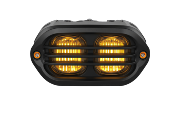 Matte-black, oval-shaped, dual-lens LED light with amber illumination, featuring a protective metal grill over each lens and two small, visible mounting screws