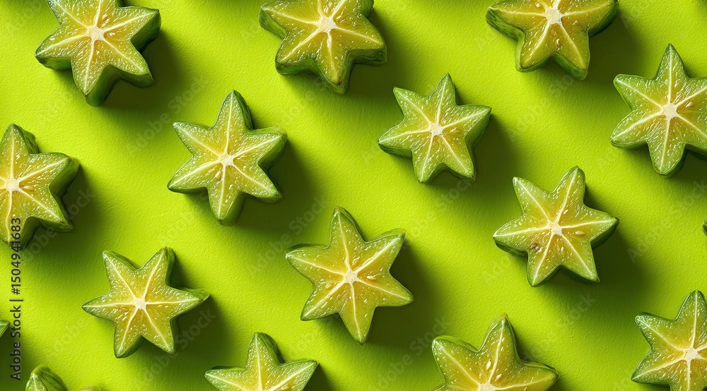 Poster star fruit slices arranged in a repeating pattern on a vibrant lime green background, creating a vis
