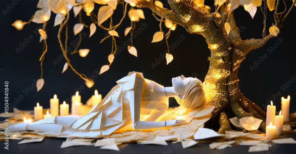Aufkleber origami figure rests beneath illuminated tree. candles surround paper form, creating soft, dramatic 