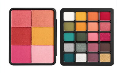 Two makeup palettes; a quad of warm blush tones and a sixteen-pan eyeshadow palette with diverse warm and cool shades, both in black cases