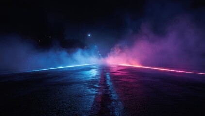 Cyberpunk-inspired neon-lit road with blue and pink glow under smoky atmosphere, ideal for tech branding campaigns, digital content backdrops, and futuristic editorial spreads.


