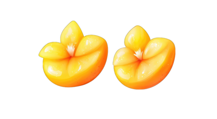 Two glossy, vibrant yellow-orange objects resembling stylized fruit halves, possibly fictional, with a smooth, almost liquid appearance