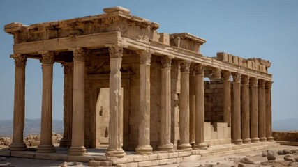 Majestic ruins of an ancient temple featuring fluted columns, ornate capitals, and crumbling walls in a sun-drenched, desolate landscape under a clear sky. - Powered by Adobe