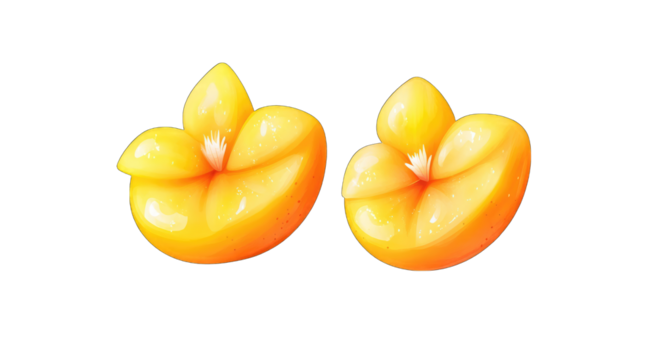 Two glossy, vibrant yellow-orange objects resembling stylized fruit halves, possibly fictional, with a smooth, almost liquid appearance