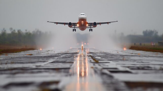 Landing airplane on wet runway airport photography rainy environment close-up view aviation concept