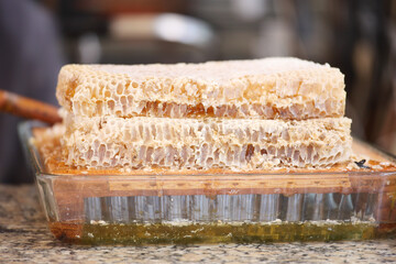 Honeycomb displayed on a counter in a market