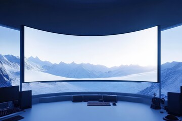 Fototapeta premium Modern interior with curved screen overlooking snowy mountain landscape