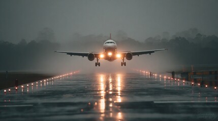 Airplane landing during rainy weather at airport runway aviation photography low visibility...