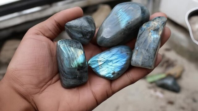 Person holding several polished labradorite gemstones in their hand displaying iridescence and color variations, showing natural mineral beauty.