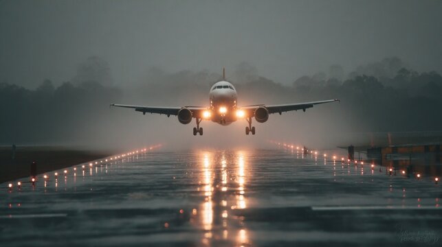 Airplane landing during rainy weather at airport runway aviation photography low visibility conditions
