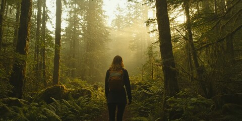 A misty morning trek through an old-growth forest, with golden sunlight breaking through