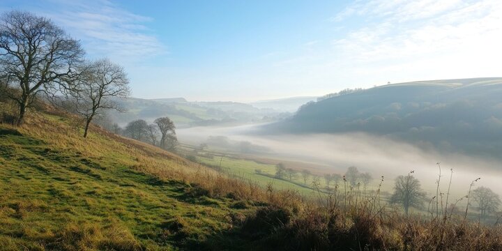 A misty morning view of a hidden valley, partially covered in soft, rolling fog