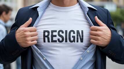 A man in a suit opens his shirt to reveal a resign shirt on a blurred background