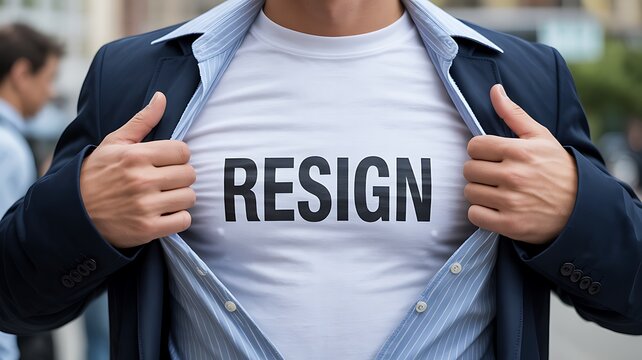 A man in a suit opens his shirt to reveal a resign shirt on a blurred background