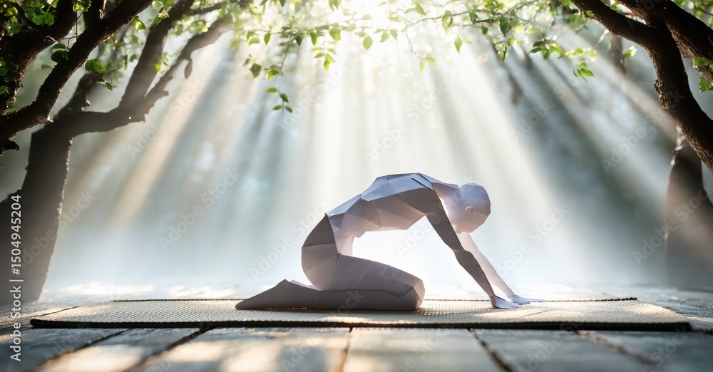 Poster polygonal figure practicing yoga outdoors. sunlight streams through trees illuminating serene scene.