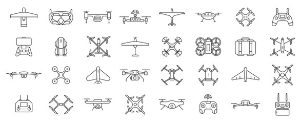 Diverse Collection of Drone Designs and Remote Control Icons in Outline Style