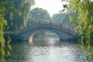 A picturesque depiction of a traditional Chinese garden bridge, highlighting its architectural beauty and surrounding nature
