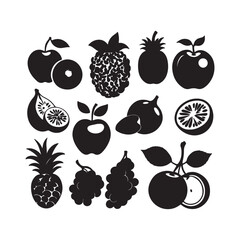 Summer fruits silhouette icons set, Black fruit icons set, various types, flat design, Fruits, vector icon, tropical fruits, minimalist, Simple Black Fruit Icons, Fresh fruit, vector illustration,