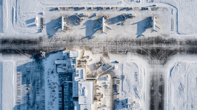 Aerial view of airplane parking at snowy airport winter landscape drone photography cold environment