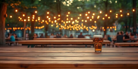 Empty table at summer beer garden festival.