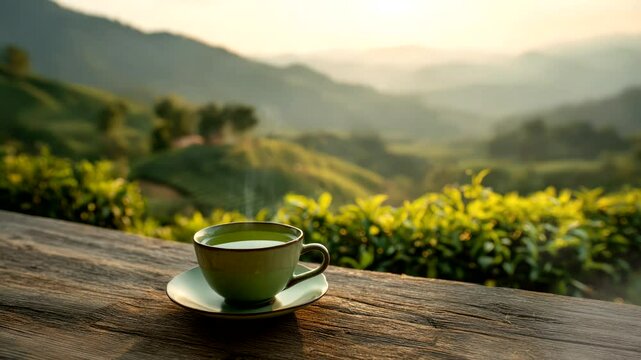 Serene Morning Tea: A close-up of a warm, inviting cup of tea set on a rustic wooden table, against a blurred, breathtaking backdrop of lush, rolling hills at dawn, inviting a sense of peace.