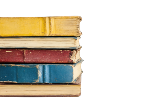 A stack of four aged books with worn covers in yellow, off-white, maroon, and blue hues, showing signs of time and use against a black background