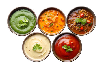 Four Bowls with Sauces Top View Isolated on Transparent Background