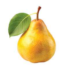 Autumn Pear With Leaf: A ripe golden-yellow autumn pear with attached leaf, PNG