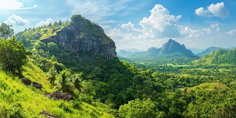 Obraz premium A mountain landscape with vibrant greenery contrasting against rocky cliffs