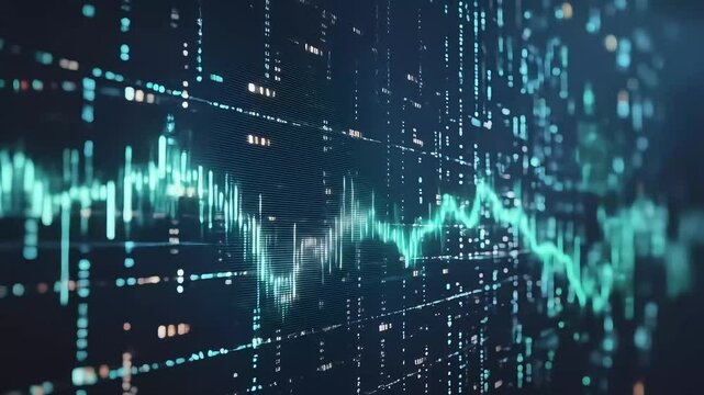 Digital binary code forms a blue technology background with a green stock market graph pattern illustrating business data and internet concepts