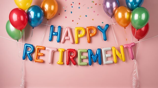 Happy retirement balloon banner with colorful balloons against a pink backdrop