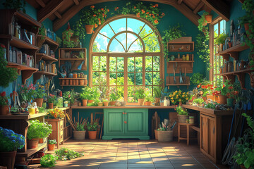 Obraz premium A charming depiction of a garden shed, filled with tools and gardening supplies