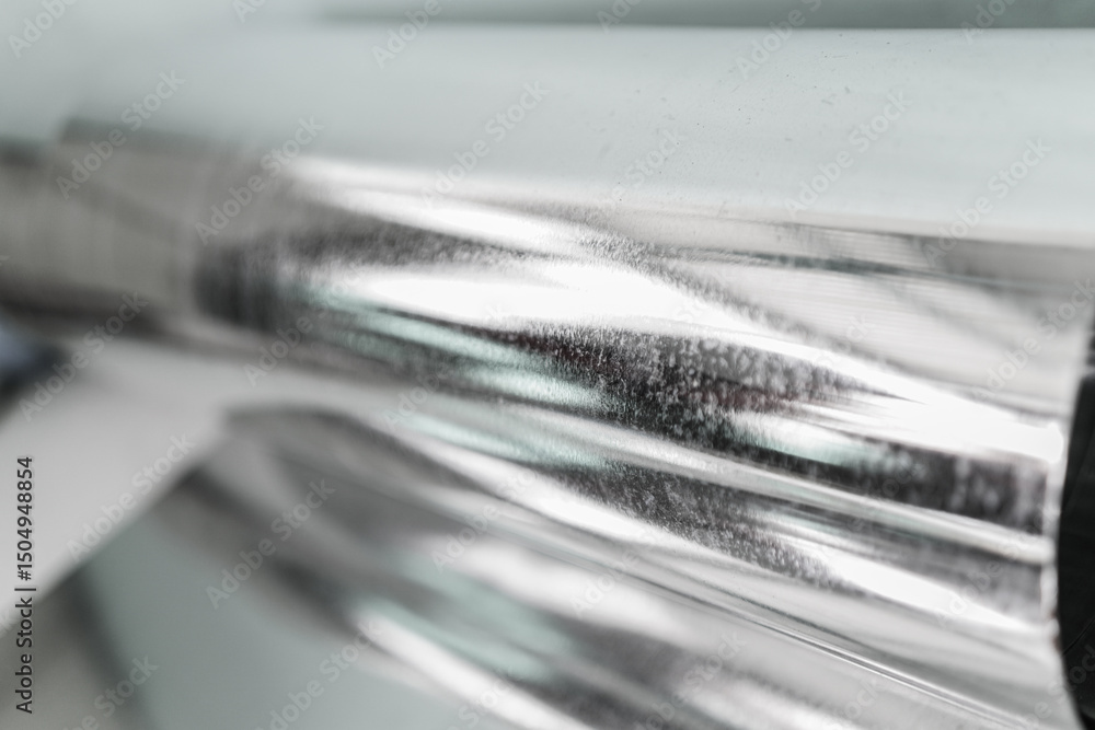 Poster a macro shot showcasing layers of silver metallic material, with a blurred effect creating a dynamic