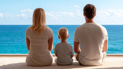 A family enjoys a serene moment by the ocean, embracing togetherness.