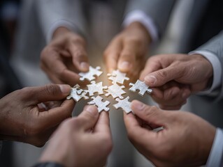 Team collaboration with puzzle pieces representing unity.