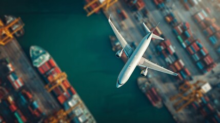 Airplane landing over shipping containers port area aerial view industrial environment logistics concept