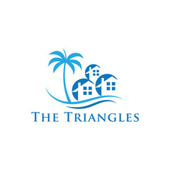 Obraz premium Tropical Palm Valley logo featuring palm trees, rolling hills, and a sun backdrop, perfect for resorts, travel agencies, and vacation brands symbolizing relaxation, nature, and tropical escape. 
