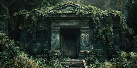 A mysterious ancient temple, covered in vines and surrounded by dense jungle
