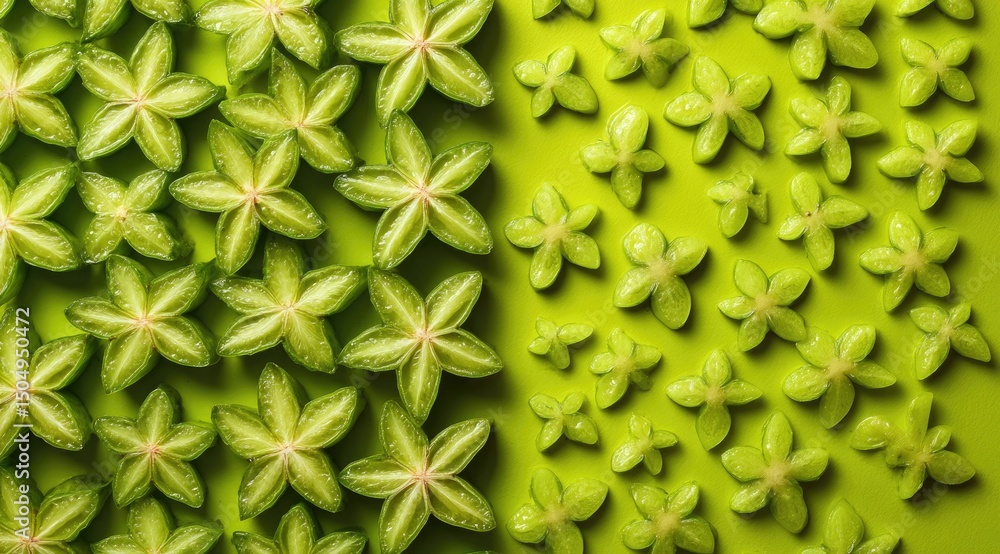 Poster starfruit slices arranged in a visually appealing pattern on a lime-green background, creating a vib