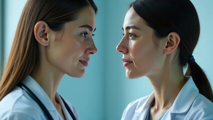 Medical colleagues stand face to face in a clinical corridor, dressed in scrubs. Their eye contact conveys teamwork, focus, and shared commitment to patient care and health service.