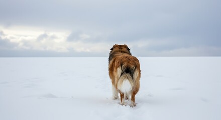 The photograph features a Rough Collie dog with a prominent fanned tail, walking away into a desolate white and gray snowy plain.
