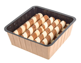 Close Up Shot of Rolled Striped Chocolate Wafer Cookies in a Brown Container on Transparent Background